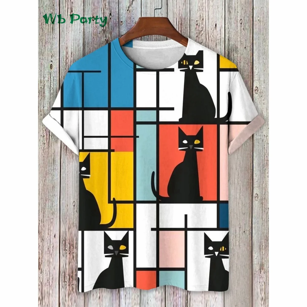 Funny Cartoon Cat Print Men's T-Shirt Fashion Stylized Art Casual Short Sleeve T-Shirt Summer Oversized Men's Outdoor Casual Tee
