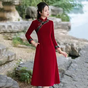 Outono inverno engrossado cheongsam mãe ao dai melhorado qipao retro vermelho vestido de casamento tradicional gola mandarim 4xl cheongsam 10 principais vendas pregnant qipao - №6