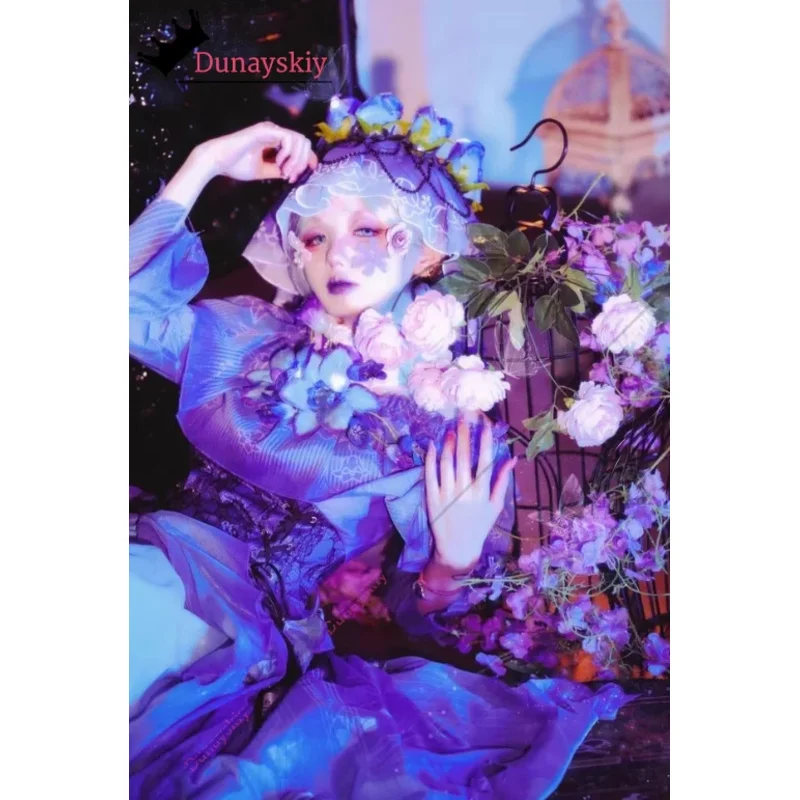 25COS Cosplay Identity V Melly Plinius Entomologist Cosplay Costume Blue Flower Girls Lolita Dress Melly Plinius Role-play Wig S