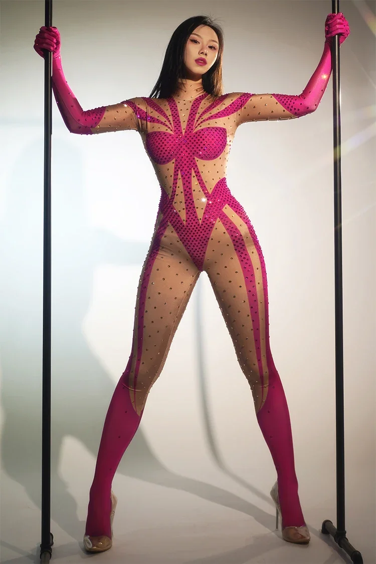 Seksowne cyrkonie z nadrukiem różowy kombinezon rękawiczki klubowe przyjęcie urodzinowe drag queen etap DS trykot damski odzież do tańca na rurze