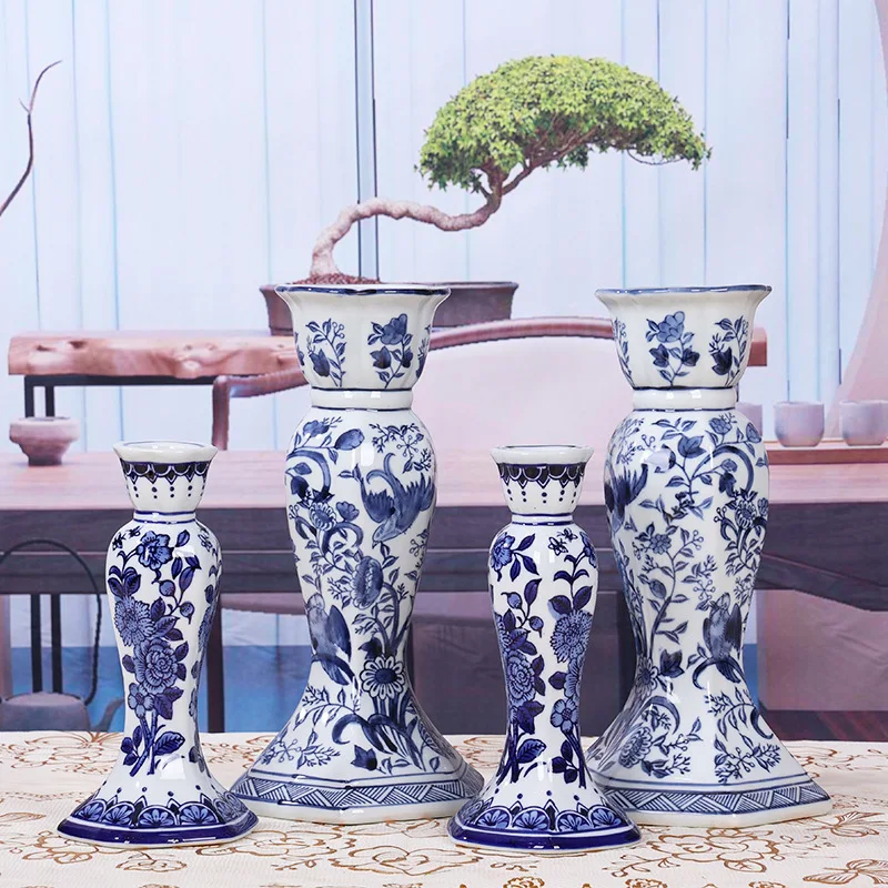 Blue and White Porcelain Candlestick Candle Holder Chinese-style Retro Candle Stick Holder Centerpieces Home Decoration