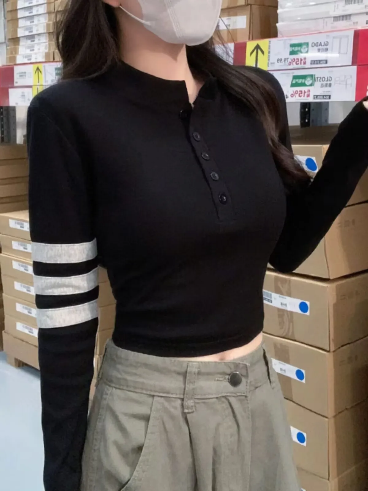 Korean Version Trend Bottoming Casual Female Autumn Winter Woman Slim Chic O-neck T-shirt Button Striped Simple Blouse Solid