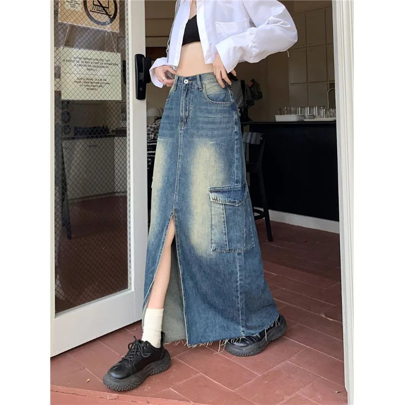 Vintage Women's Denim A-line Long Skirts Y2k Girls Korean Style Elegant Harajuku  Skirt 2023 Summer 90s Clothes