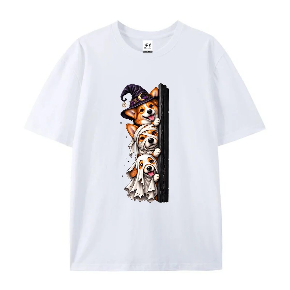 Men Women Unisex Short Sleeve T Shirt Halloween Corgi Dog Graphic Tees Mummy Witch Ghost Puppy Print Summer Crew Neck Casual