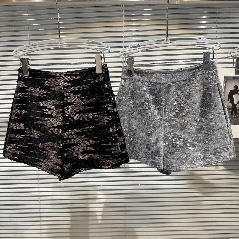 Club Glitter Gradient Leg Sequin Trendy Lady Short Pants Velvet Straight Leg Natural Waist Women's Fashion Casual Trousers