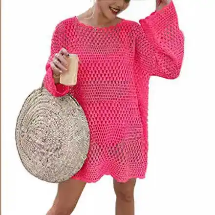 Luźny sweter z dzianiny o okrągłym dekolcie, ażurowy, w stylu streetwear, długi rękaw, damski, letni, modny, luźny krój, odzież dzianinowa.