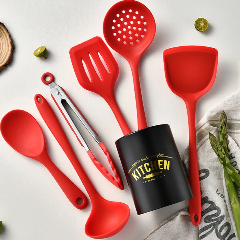 

6PCS Silicone Kitchenware Non-Stick Cookware Kitchen Utensils Set Spatula Shovel Spoon Cooking Tool Set With Storage Bucket