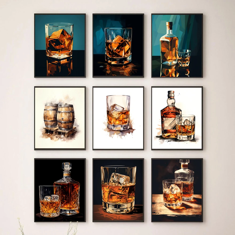 Classic Vintage Oil Painting Whiskey Glass Ice Cube Poster Canvas Printing Art Home Living Room Bar Wall Decoration Frameless