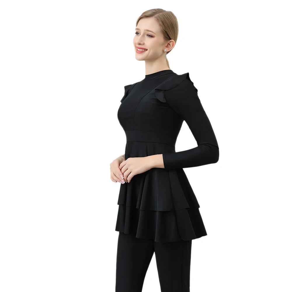 Black Ruffled Sleeve Swimsuit for Muslim Women, Slim Fit Swimwear, Beach Wear with Cap, New Burkini, S-4XL, M002, 3Pcs