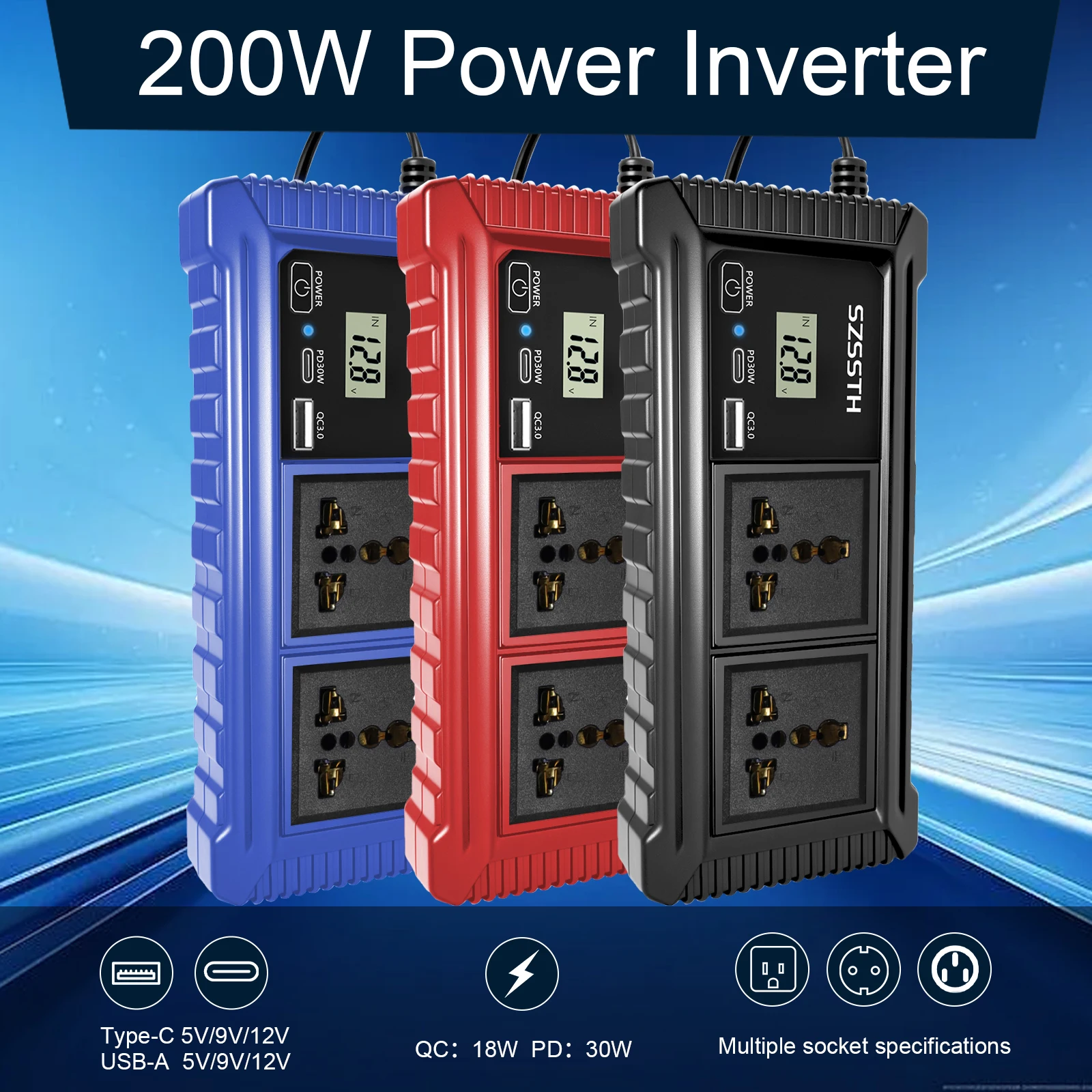 

Multifunctional LCD Display Sockets Power Inverter Car Inverter 12V To 220V 200W Adapter USB-A Type-C EU Plug Peak Power 400W