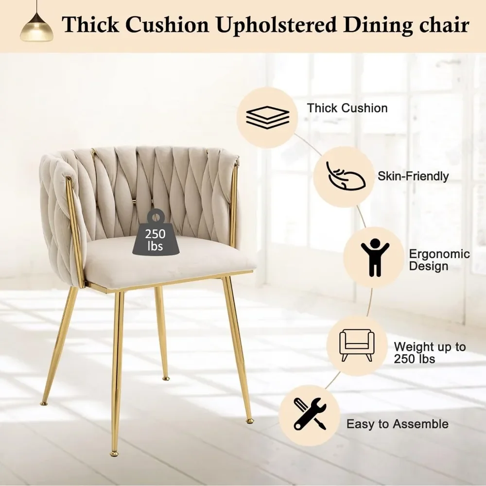 Modern Velvet Dining Chairs Weaving Accent Upholstered Side Chair with Golden Metal Legs european sillas comedor furnitures