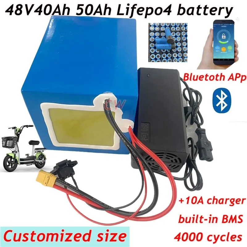 

48V , /Lifepo4 battery/Batterie , 50Ah, 40Ah, Bluetooth BMS, 16S, 3500W, pour scooter, vélo, tricycle, bateau, Go Cart, charger