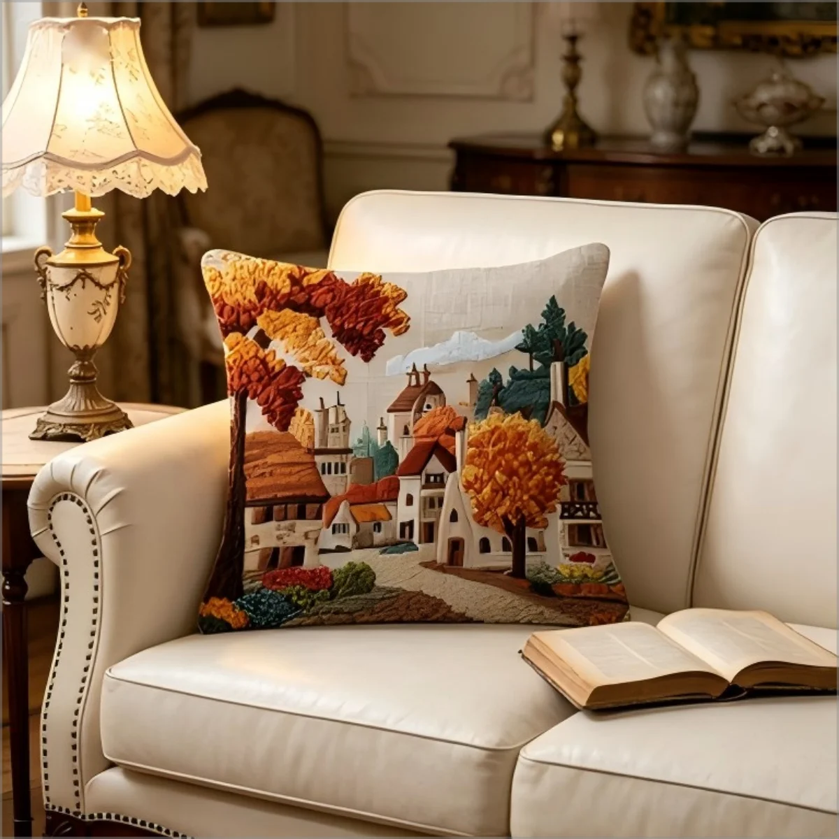 Autumn Village Print Throw Pillow Cover, Faux Embroidery Style Landscape Decorative Cushion Case for Sofa Bedroom