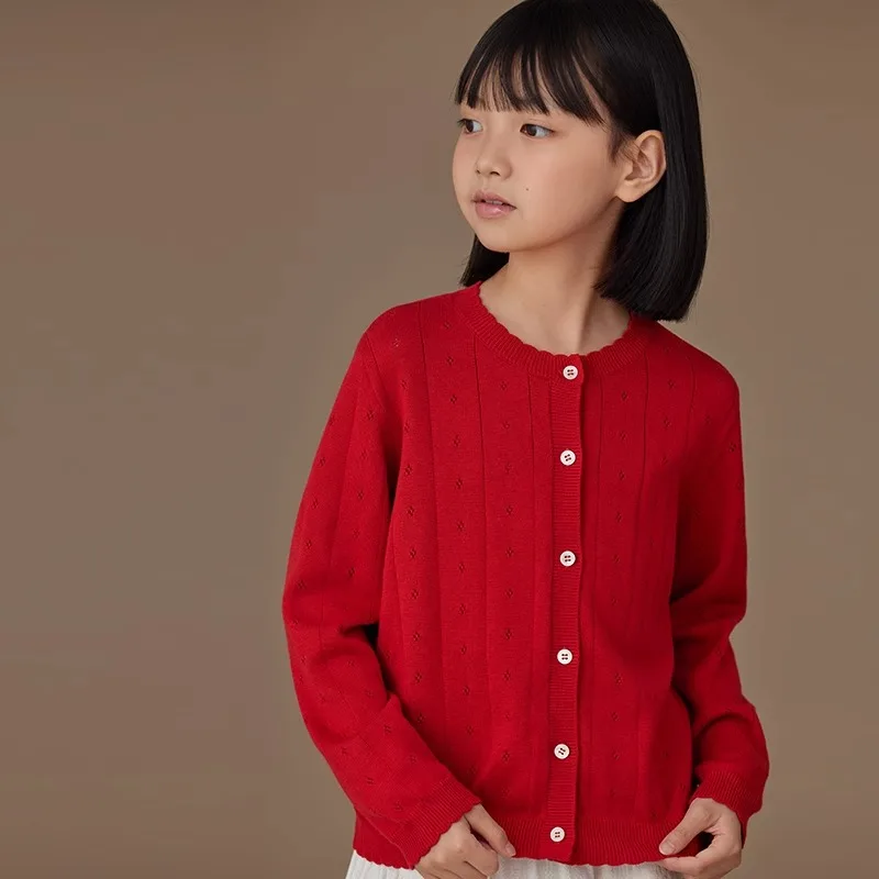 

2024 Autumn Knitted Children Small Shawl Cardigan Long Sleeve Sweater Coat Girls Cute Sweaters Poinsettia