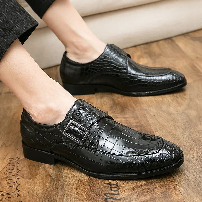 Men Formal Shoes Cap Toe Buckle Brown Classic Style Mens Dress Shoes Crocodile Prints Brogue Leather Men Banquet Wedding Shoes image 5