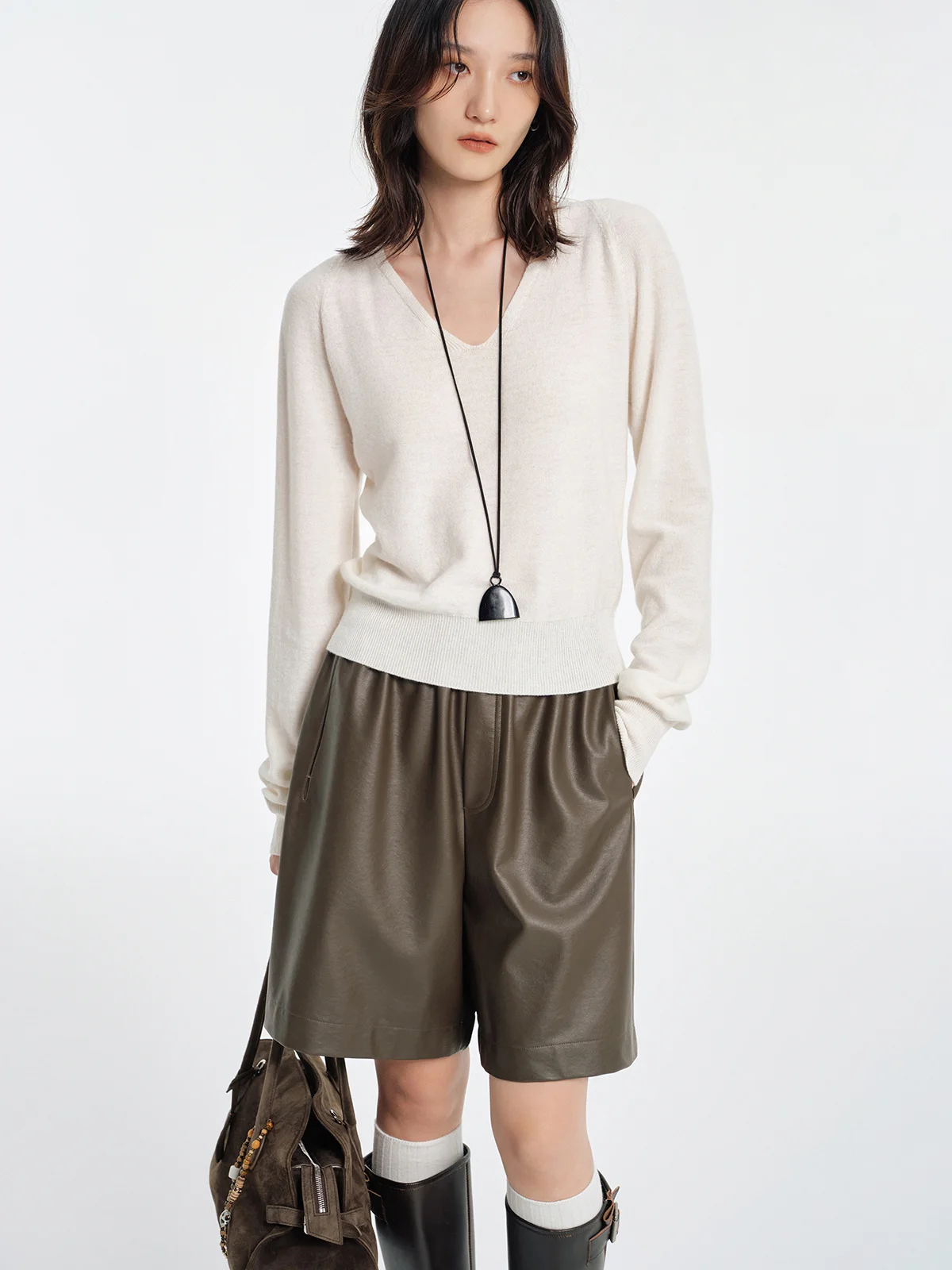 

JUSLIN Soft Full Wool Lazy V-ne oulder Insert Sve Slimming Waist Knitted Sweater K06 Street Sle Long Sve Regula...