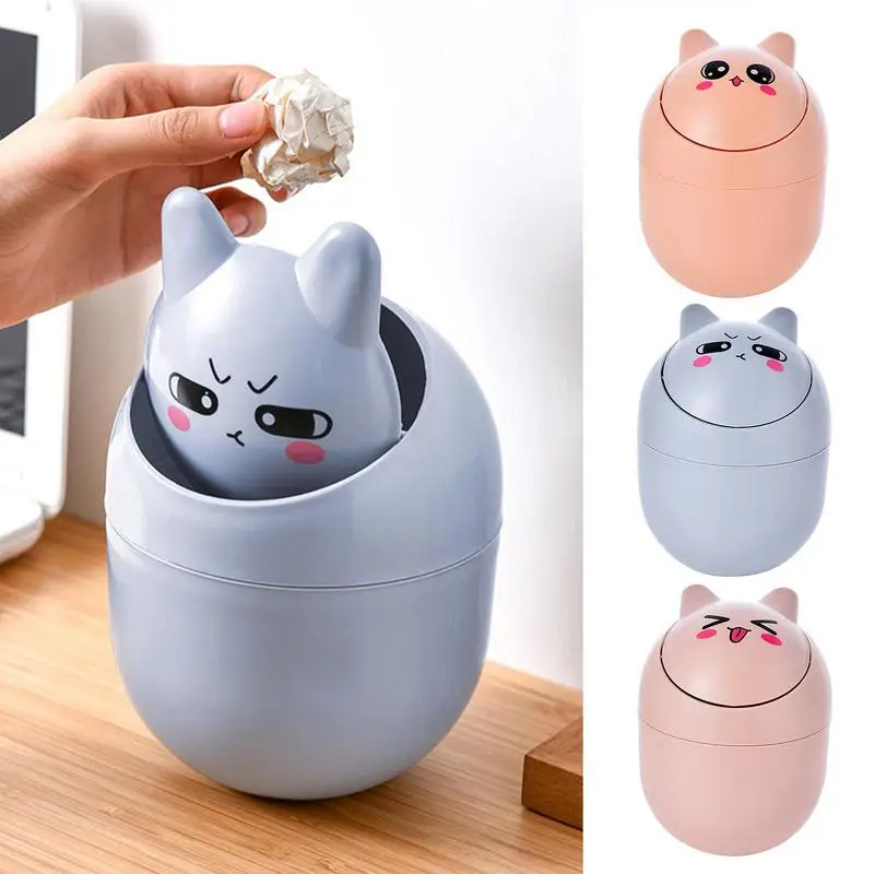 Mini Cat Trash Can For Desk Small Garbage Container With Shake Cover Odor Blocking Waste Bin For Bedside Table Desktop Supplies