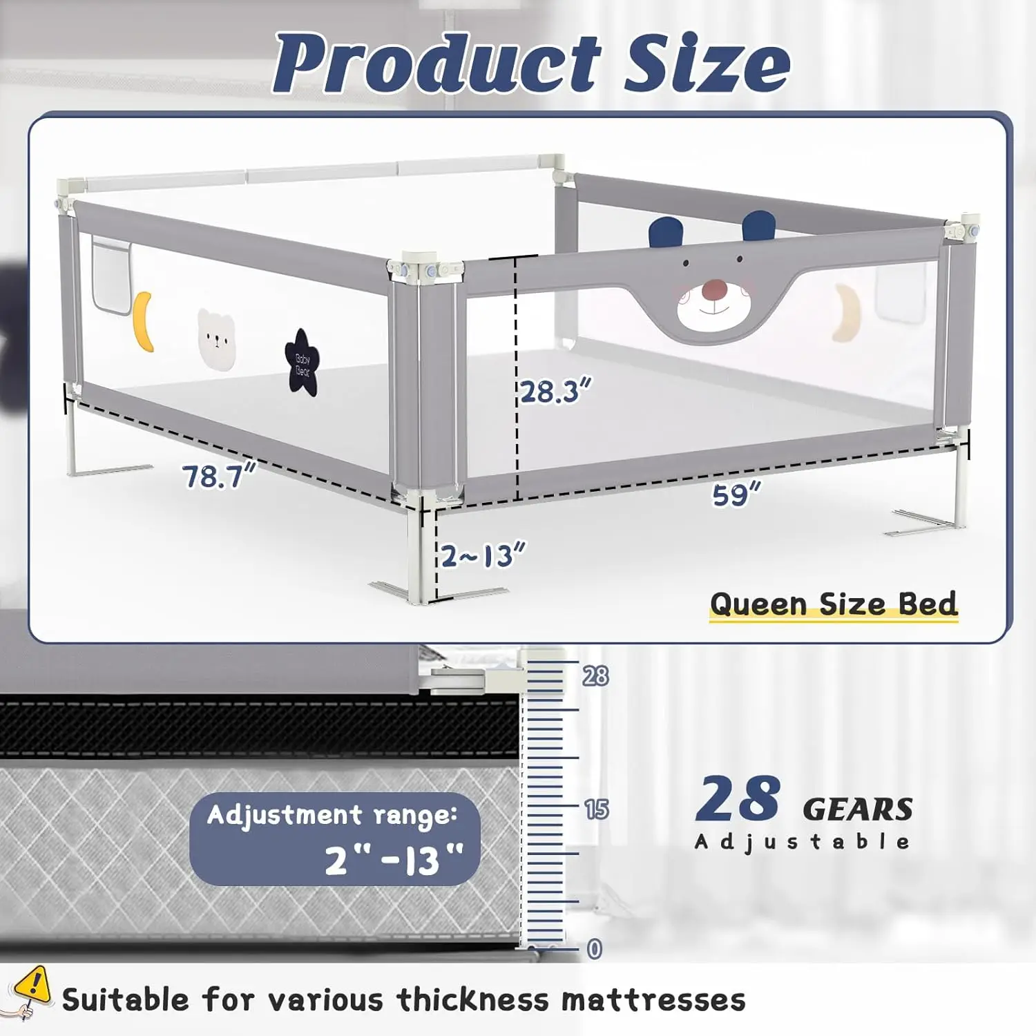 3ピース調節可能な幼児用ベッドレールガード、ヘッドボードサポート付き、ツイン/フル/クイーン/キングマットレスに適合