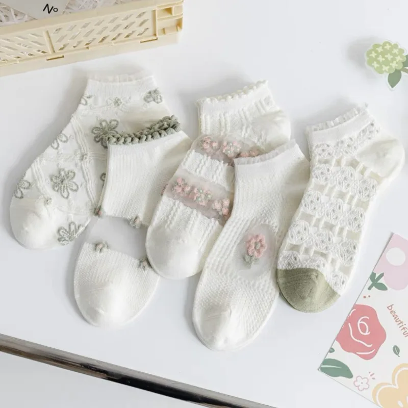 

1 Pair Lovely Kawaii No-show Socks for Girls Funky Breathable Floral Summer Thin Socks Woman Cute Low Cut Socks for Women Green
