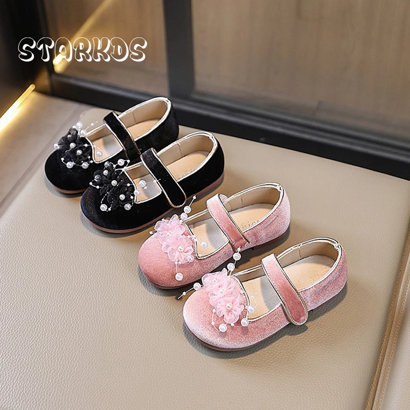 

Luxury Pearl Lace Flower Ornament Velvet Shoes Kid Girl Cute Peach Pink Velour Ballet Flats Baby Child Sweet Floral Mary Janes