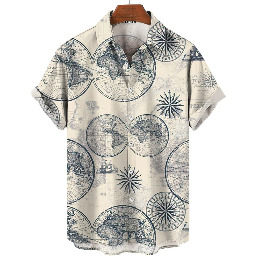 Vintage Men\'S Shirt 3d Sailing Boat Print Men Clothing Summer Casual Short Sleeve High Quality Top Tee Hawaiian Beach Sweatshirt