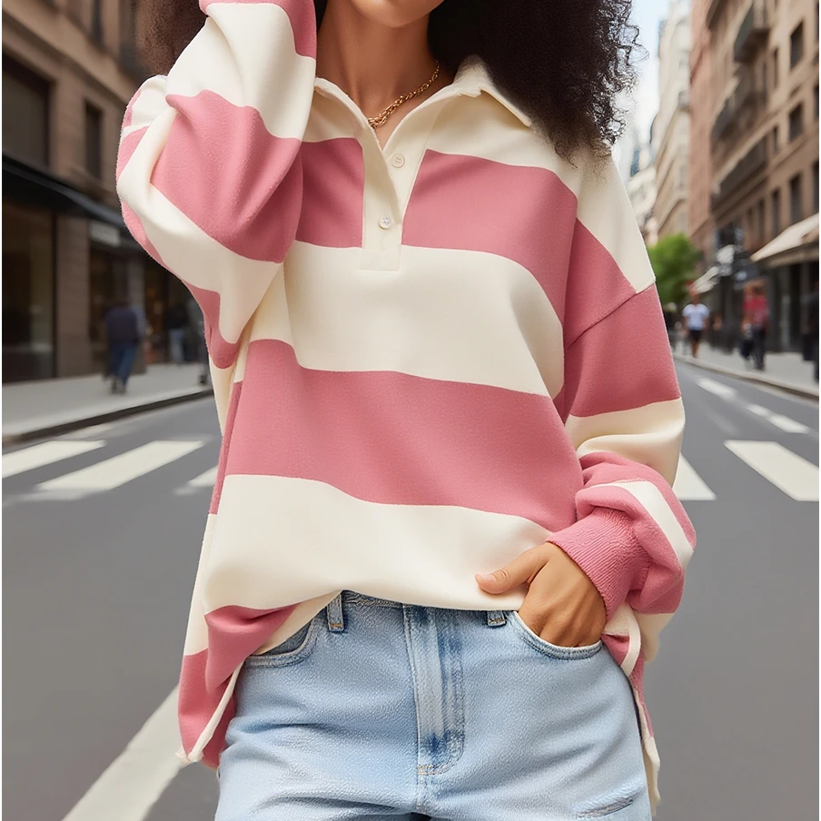 Kollektion 2025, gestreiftes Langarmshirt, klassischer Umlegekragen, lockere Herbst-Patchwork-Sweatshirts