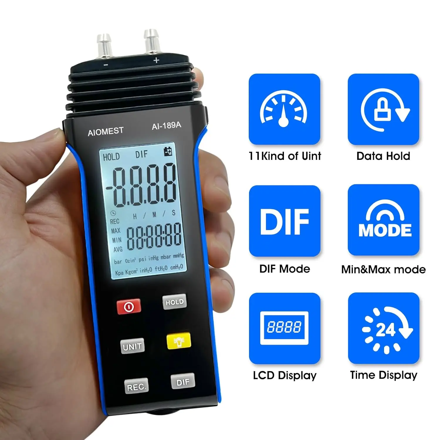 

Digital Manometer Gas Pressure Tester ±2 psi / ±13.79 kpa, Dual Port Air Flow Pressure Gauge AI-189A for HVAC Gas