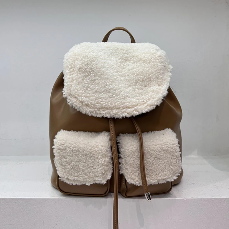 England Style Plush Bags For Women Luxury Designer Handbags Purses 2023 New In lambswool Splicing PU Soft Skin Shoulder Backpack