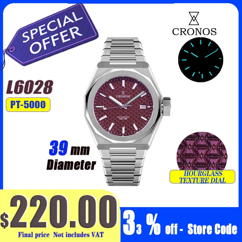 Cronos Luxury Men Watches 39mm Automatic PT5000 / Miyota9015 Wristwatches Sapphire 10ATM See-through Back