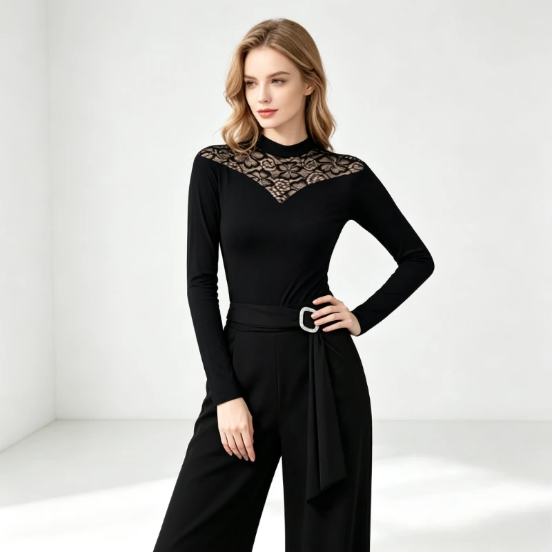 Floral Lace Spliced Dance Top, High Neck Long Sleeve Black Blouse, Keyhole Back, Breathable Soft Fabric for Latin Dance Class