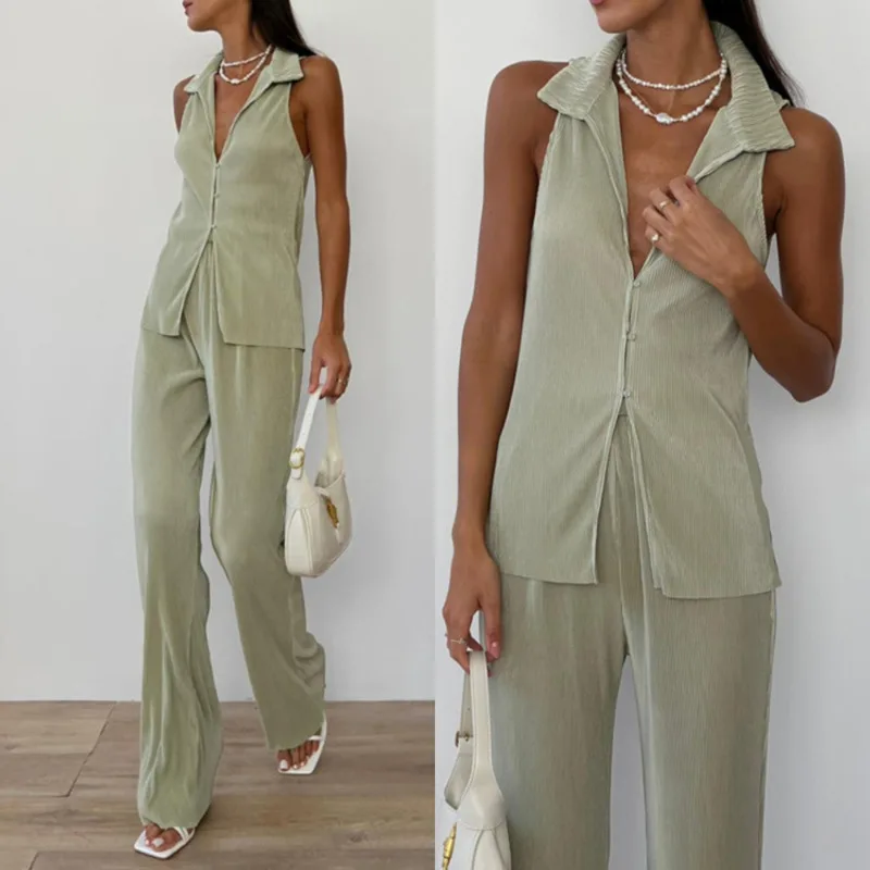 

High Street однобортный топ без рукавов с лацканами, элегантный однотонный прямой топ с высокой талией, модный женский плиссированный комплект