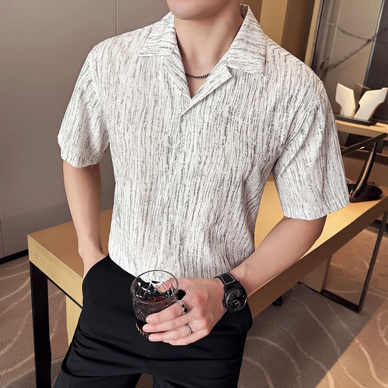 

Летняя винтажная рубашка с кубинским воротником для мужчин, рубашка с коротким рукавом, тонкая социальная повседневная уличная одежда с лацканами, мужская одежда, новинка весны 2023 г.