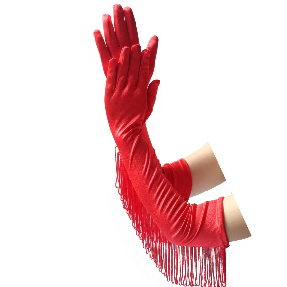Simple Musical Lady Long Gloves Stretch Fashion Fringe Tassel Gloves Tassel Stage Dance Mittens Performance Party
