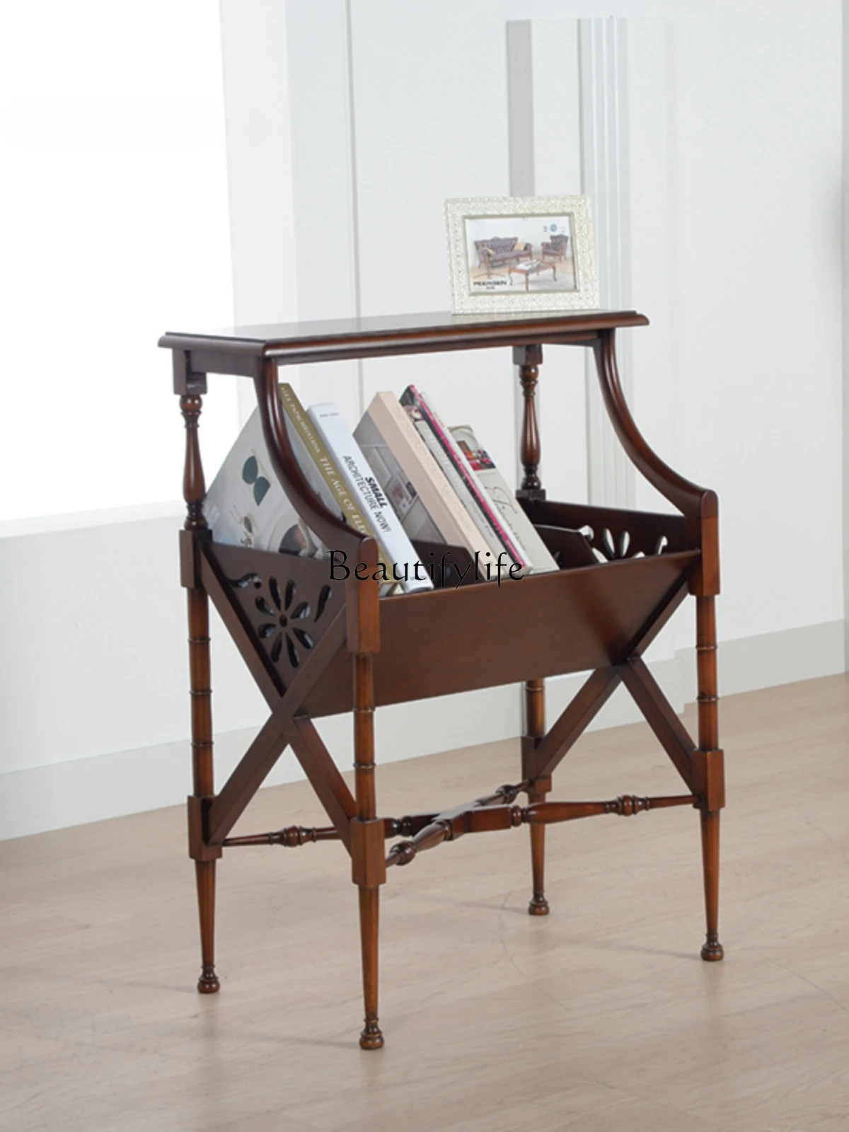 American Style Display Magazine Storage Rack French Retro Solid Wood Hollow Korean Casual Floor Books and Newspapers Shelf