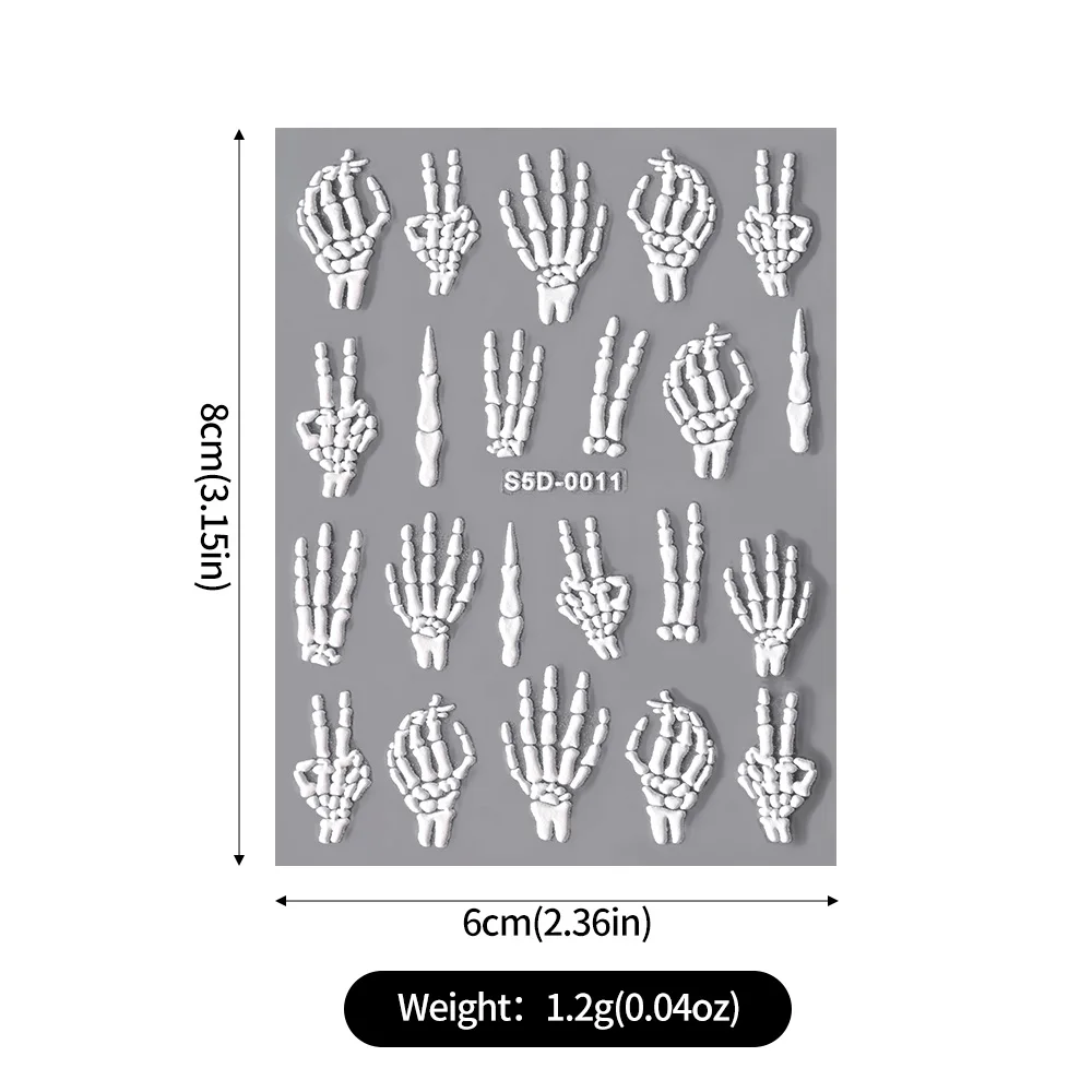 Autocollants 5D pour Nail Art, 1 pièce, décalcomanies adhésives à design de dessin animé d'Halloween, main de squelette/sang/araignée/Aliments, curseur de manucure #