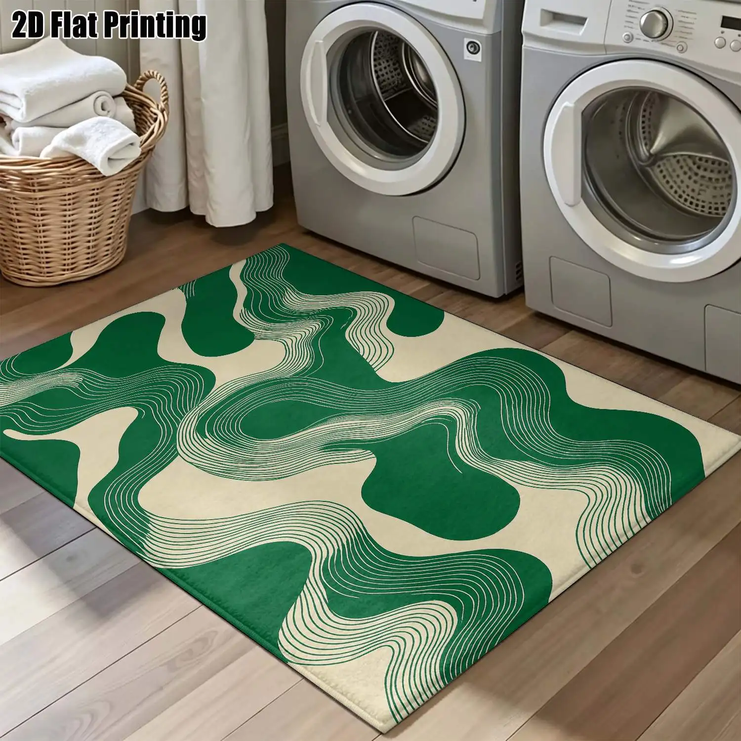 1Pc 2D Printed Carpet: Green Abstract Wave Geometric Pattern, Nordic/Instagram-Style, Modern Minimalist, Vintage, Multi-Size, Machine Washable, Suitable for Entrance, Dining, Foyer, Bedroom, Living Room as Home Decor Floor Mat