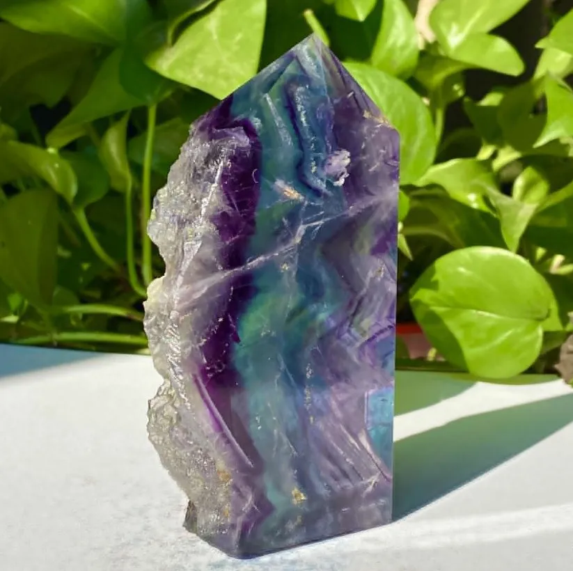 Natural Crystal Quartz Slice Colorful Striped Fluorite Point Reiki Gemstone Polished Healing Stone Decoration Ornament