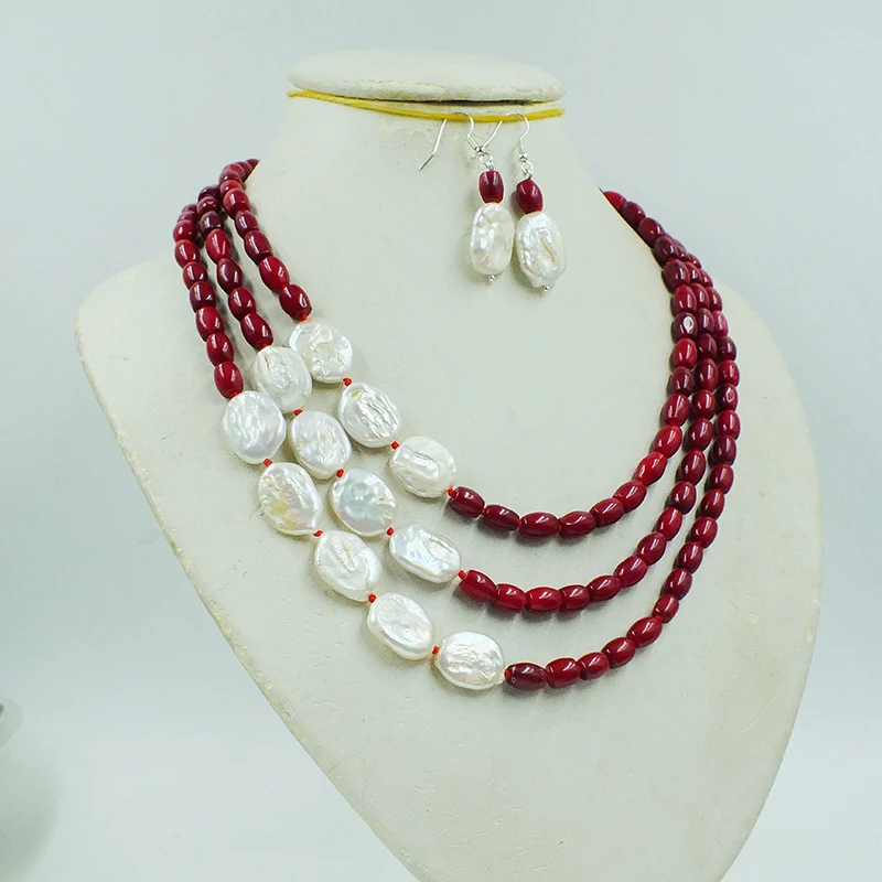 Absolutely perfect. 3 Rows  6mm Natural Coral Baroque Pearl Necklace Earring Set 18-23”