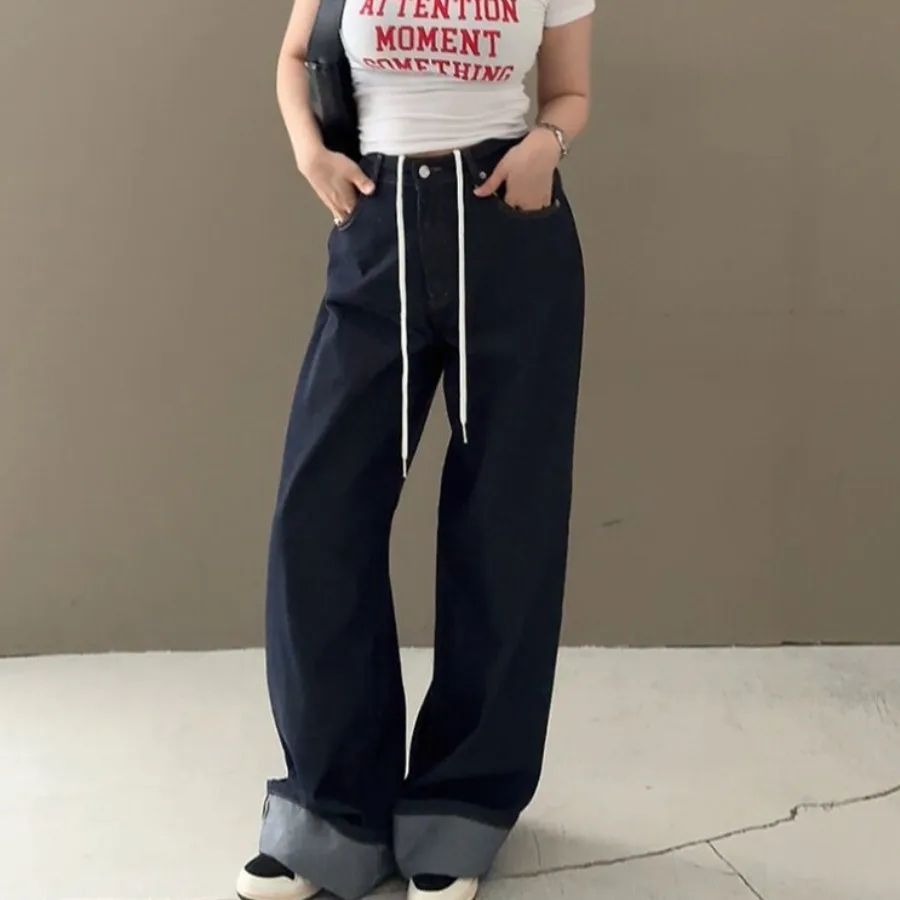2026 Spring Summer Fashionable Korean Style Loose Cuffed Denim Jeans Belted Casual Vintage Women's Wide Leg Cotton Trousers