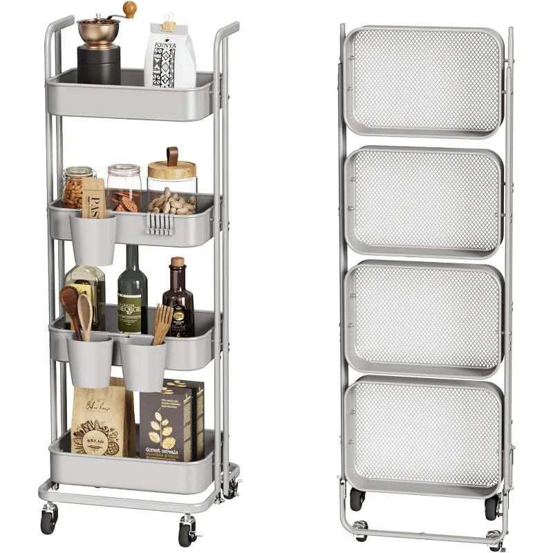 

4 Tier Foldable Rolling Cart, Metal Utility Cart with Lockable Wheels, Folding Storage Trolley for Living Room, Kitchen,Bathroom