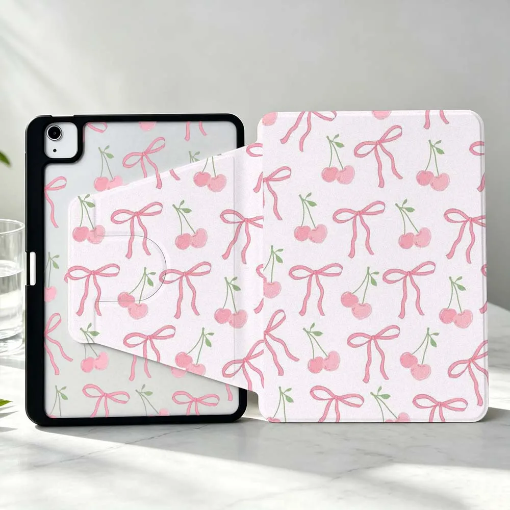 Pink Cherry Bow Pattern Soft For iPad Pro Air mini 6 5 4 12th M5 M4 M3 M2 A16 A17Pro 360° Rotation Stylus Storage Tablet Case