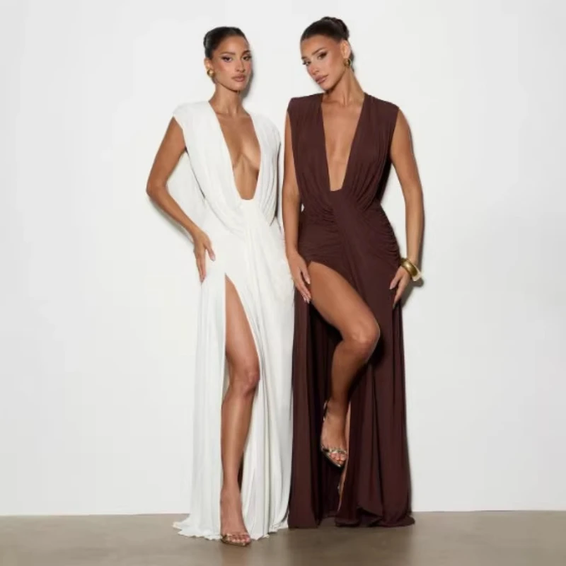 

European and American Sexy Fashion deep V-neck Elegant Classic Look women's dress solid color irregular vertical fold long Dress