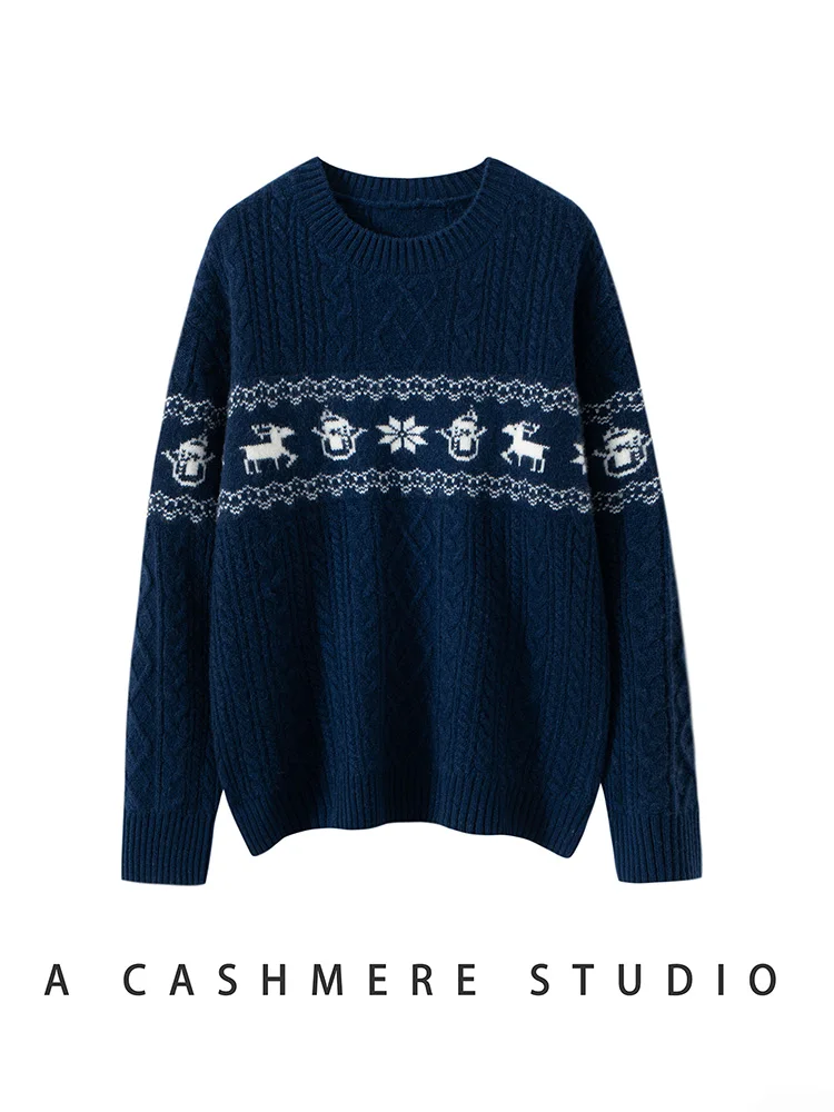 

100% Cashmere Sweater Women's O-neck Vintage Twist Flower Pullover Autumn Winter Deer Jacquard Knitwear Thick Warm Clothing Tops