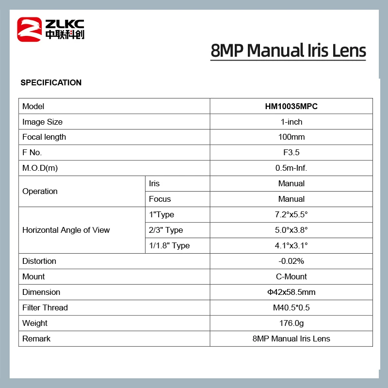 ZLKC C Mount 100mm Fixed Focal Lenth 8MP FA 1\