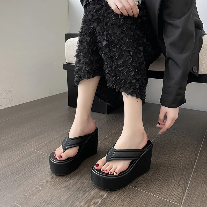 Gothic Chunky Platform Sandals Women Black Clip Toe Wedges Slippers Woman 2024 Summer Thick Bottom Female Flip Flops Plus Size