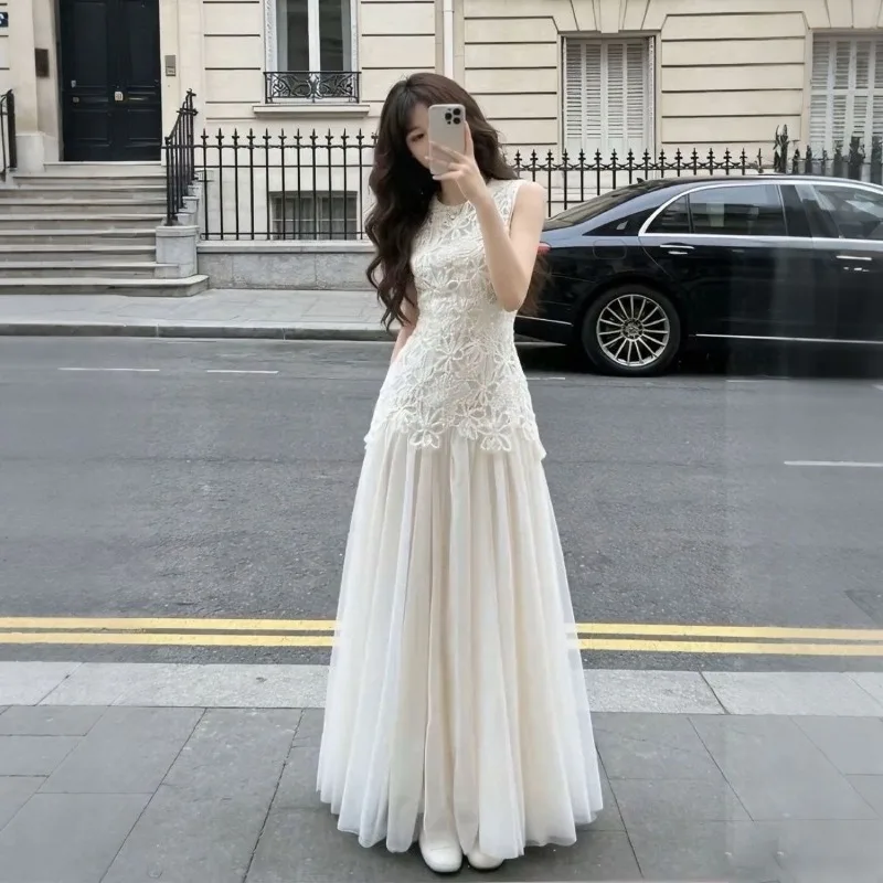2026 New French Elegant Sleeveless Slim Dress Summer Korean Fashion Vacation Flower Mesh Splicing Maxi Dresses for Women