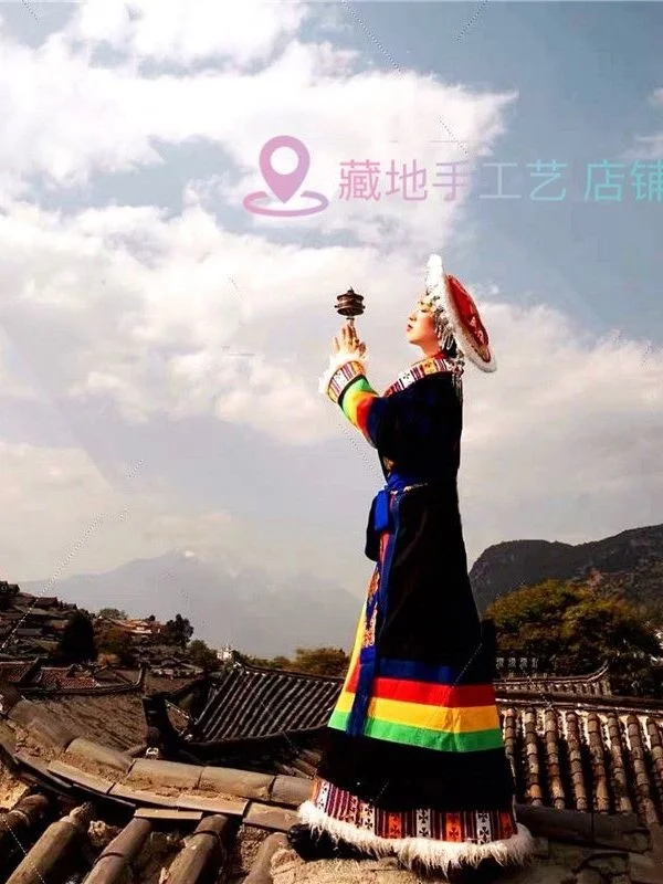 Rainbow Tibetan Robe Chinese Minority Nationality Clothes Ethnic Style Contrast Color Travel Photography Clothing