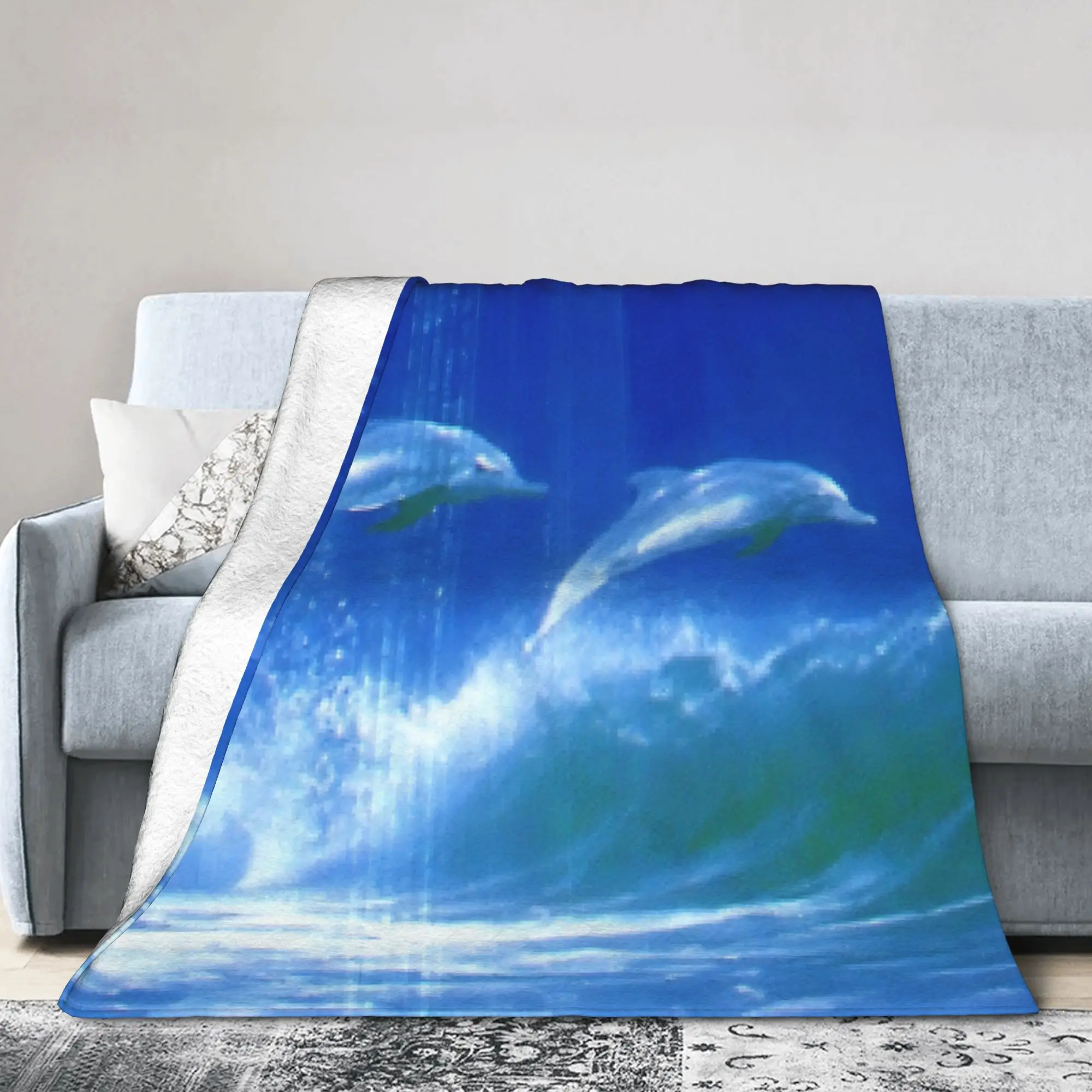 Pixelated Dolphins Frutiger Aero Blankets  Wool Vintage Warm Throw Blanket for Home Autumn/Winter