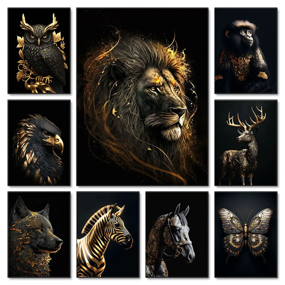 

Black Gold Eagle Animals Lion Canvas Painting Metal Poster Wall Art Nordic Deer Tiger Wolf Aesthetic Picture for Room Home Decor