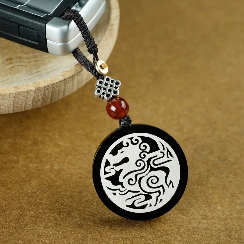 Black ebony inlaid silver dragon born nine son car keychain pendant